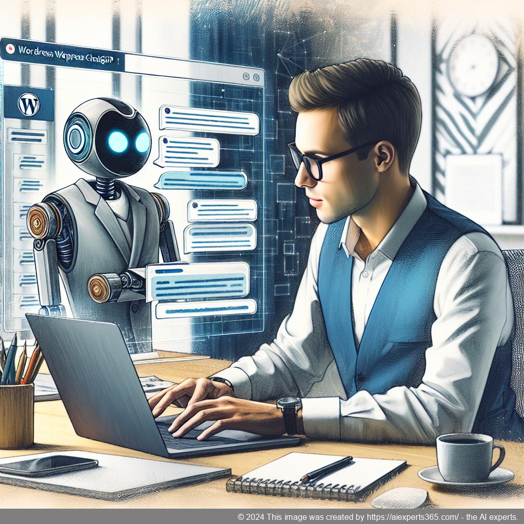 A visual representation of a professional setting featuring a person interacting with a WordPress ChatGPT chatbot on their laptop, showcasing enhanced customer service.