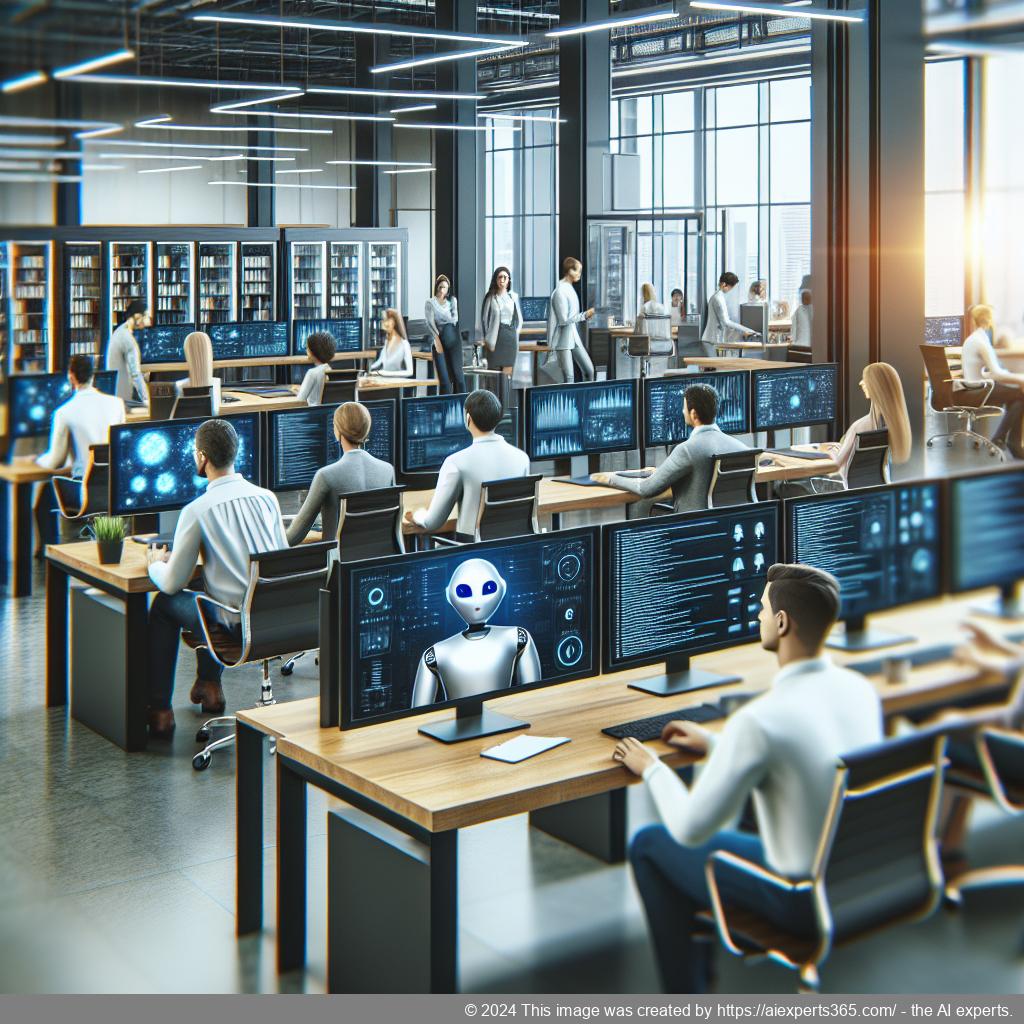 A professional setting showing diverse employees collaborating with an AI-driven multi-department chatbot interface on their screens.