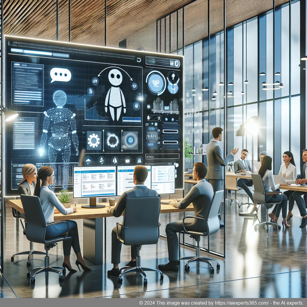 A professional setting showcasing a diverse team collaborating over technology solutions including a multi-department chatbot interface.