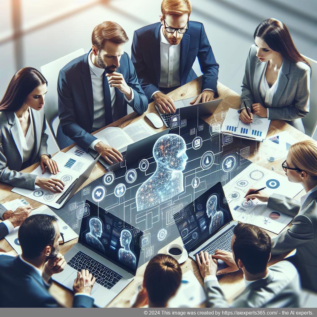 A professional team discussing strategies for improving customer satisfaction through a multi-department chatbot.