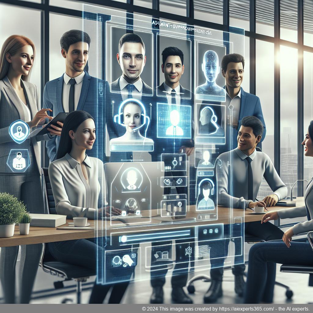 A visual representation of a multi-department chatbot assisting customers across various sectors like sales and support.