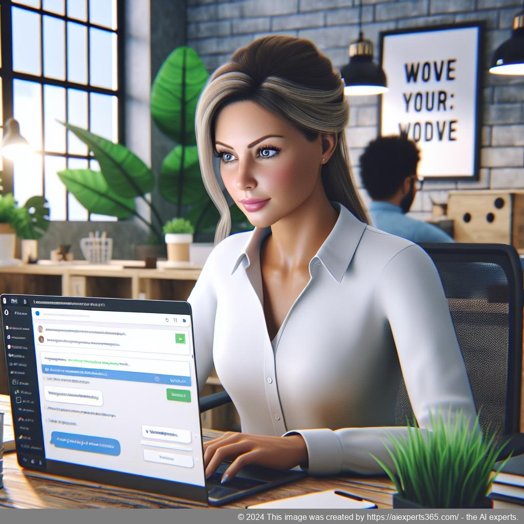 A professional-looking woman interacting with a laptop displaying a WordPress ChatGPT chatbot interface, symbolizing enhanced customer engagement strategies.