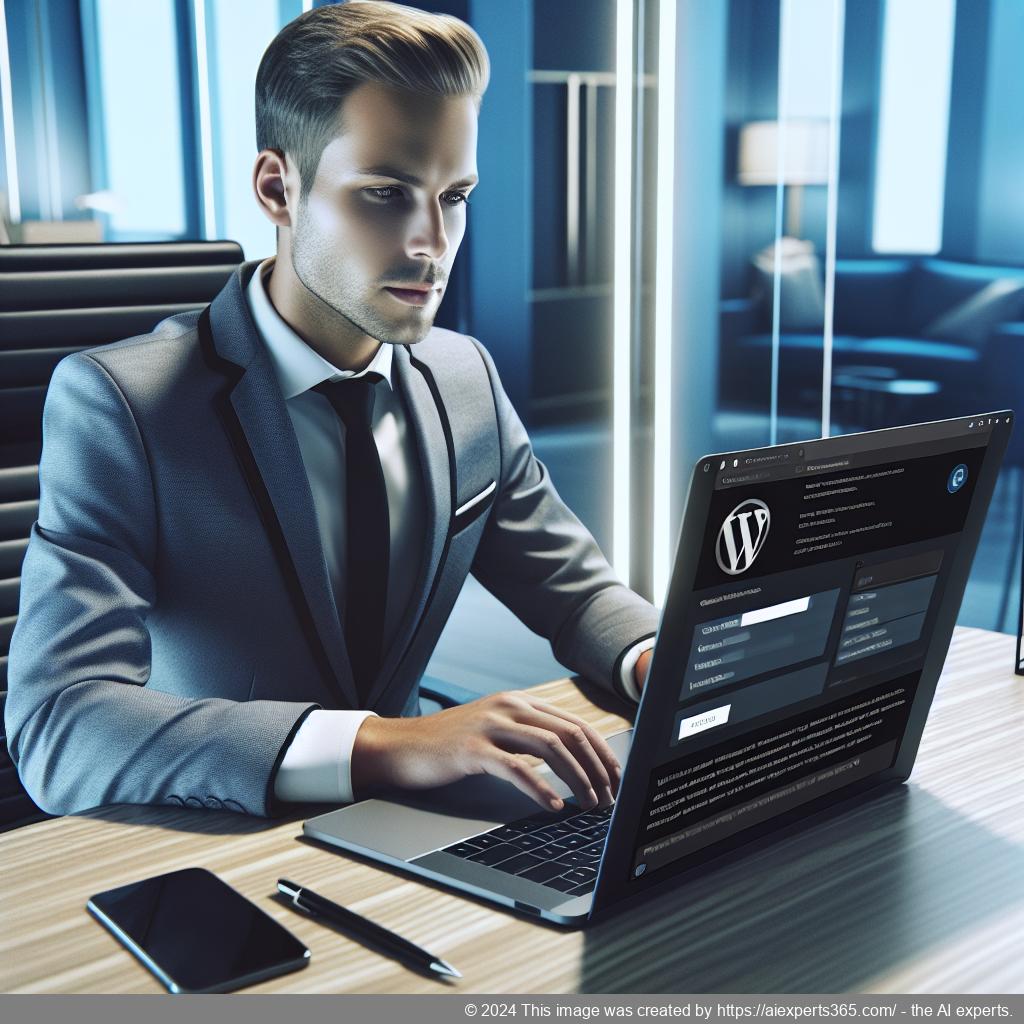 A professional-looking German or Western European individual interacting with a computer displaying a WordPress ChatGPT chatbot interface.