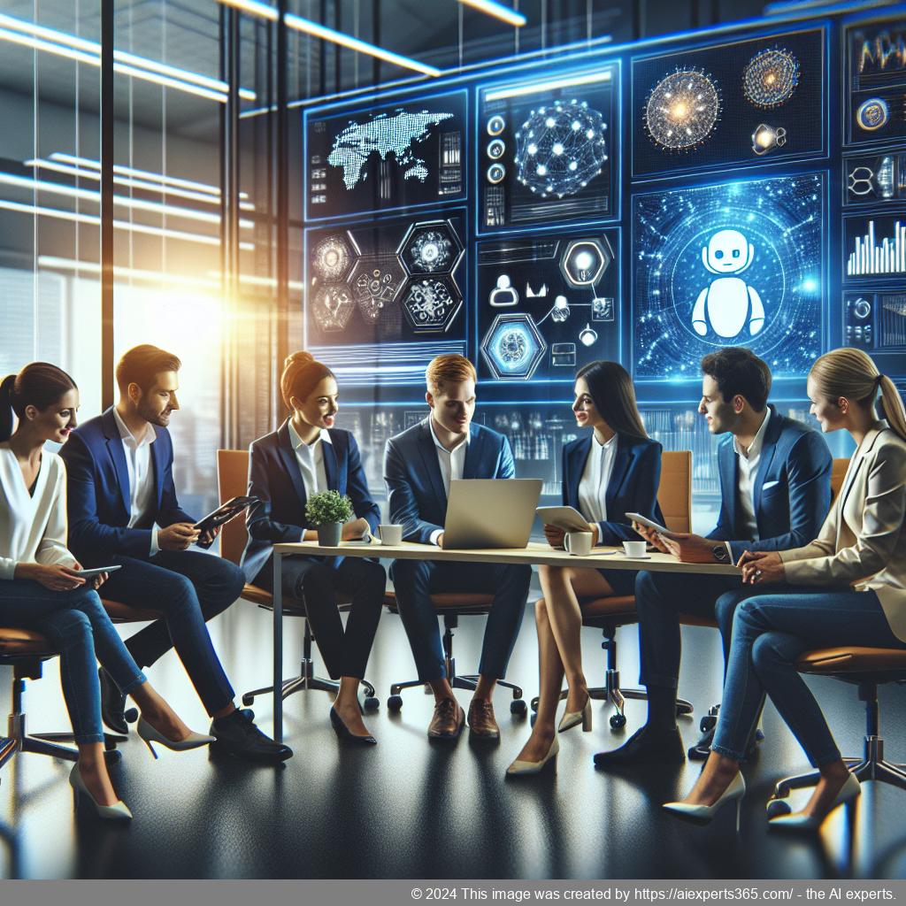 A diverse team collaborating around technology tools illustrating the concept of a multi-department chatbot enhancing organizational communication.