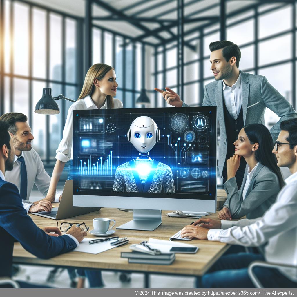 A professional setting showcasing a diverse team engaging with a WordPress site using an AI chatbot for improved customer interaction.