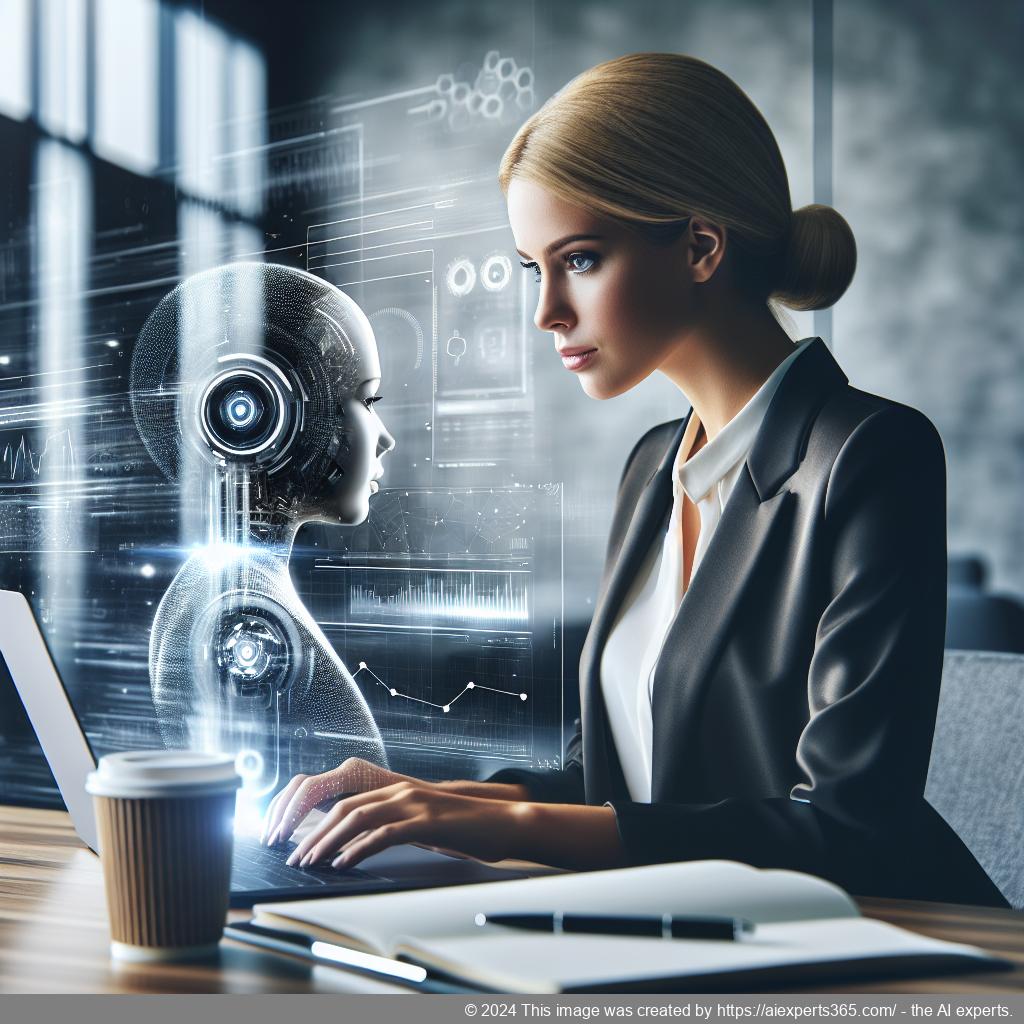 A German professional interacting with an advanced WordPress AI chatbot on a laptop screen.