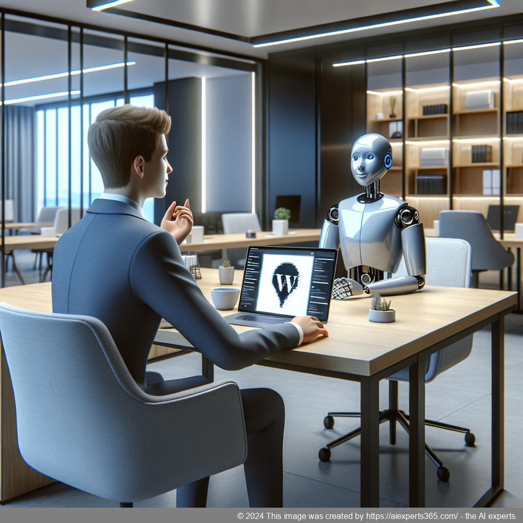 A professional setting showcasing a person interacting with a WordPress chatbot on a laptop screen.