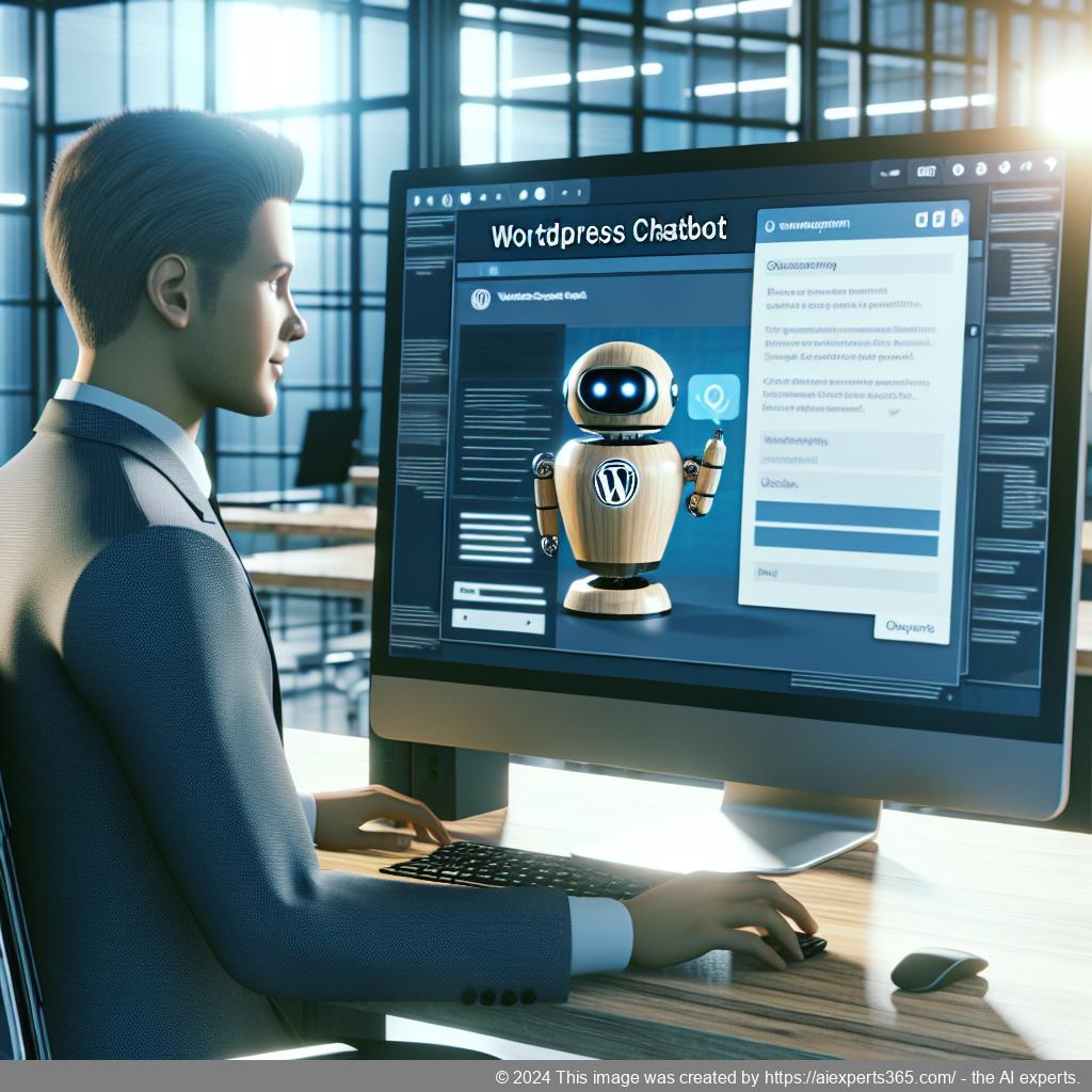 A professional setting showcasing a team member using a WordPress chatbot interface on their computer for enhanced customer support.