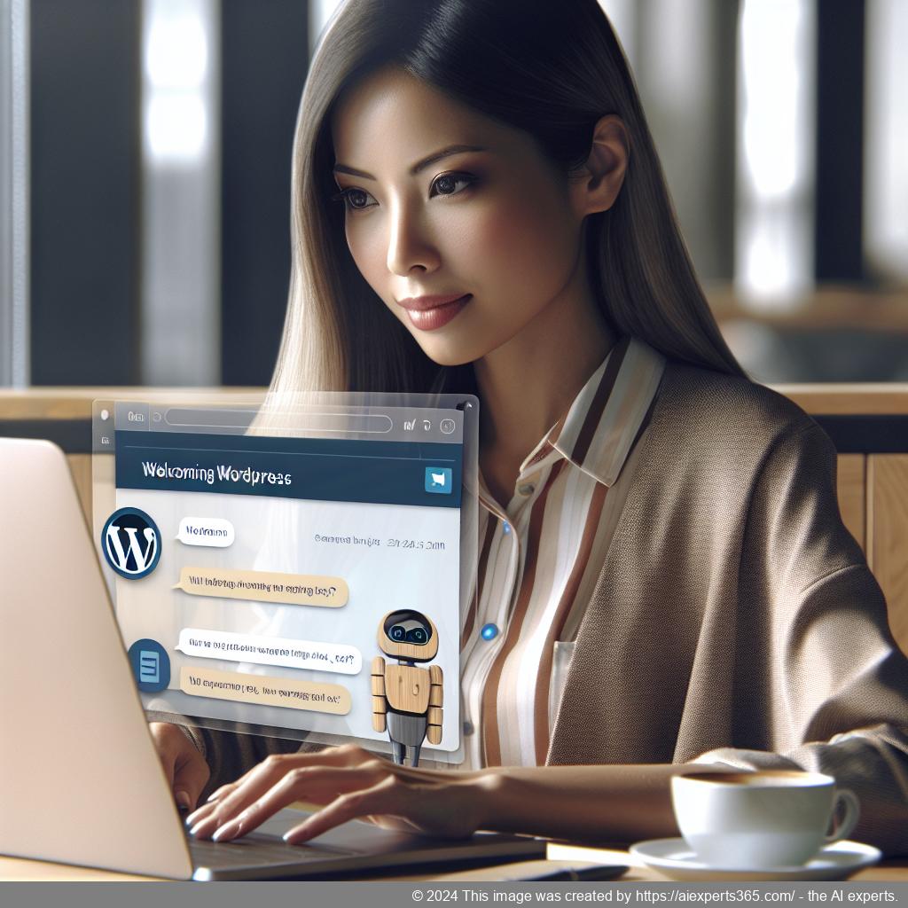 A professional setting showing an individual interacting with a WordPress chatbot interface on their laptop.