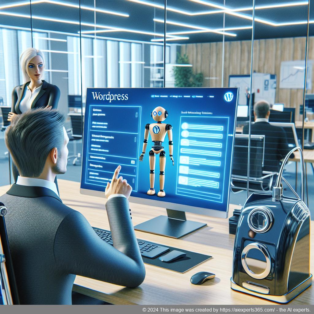 A professional-looking WordPress chatbot interface on a computer screen displaying various customer inquiries being answered instantly.