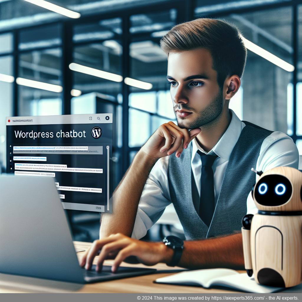 A professional setting showing a person interacting with a computer displaying a WordPress chatbot interface, symbolizing enhanced customer support.