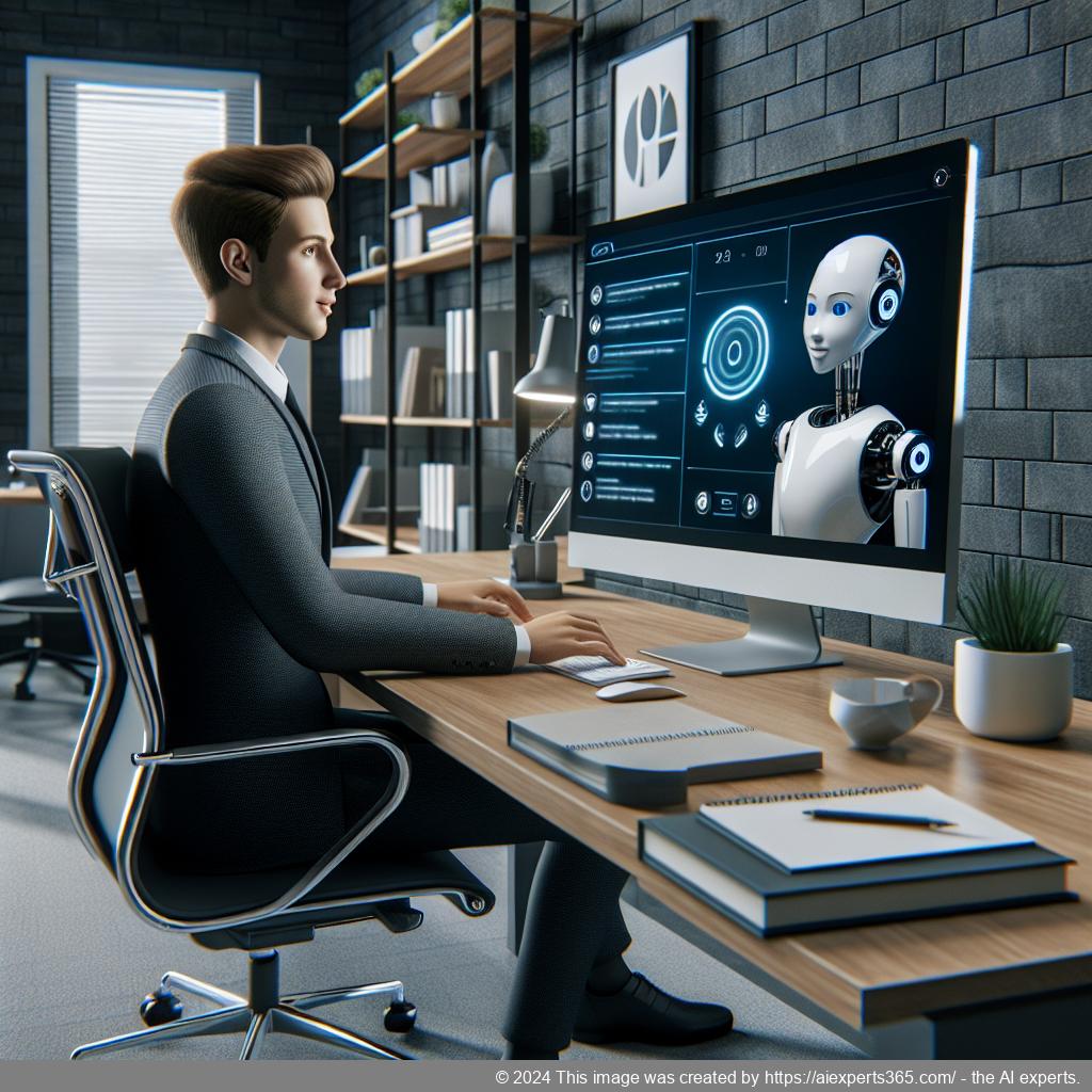 A professional setting showcasing a person interacting with a computer displaying the WordPress ChatGPT Chatbot Plugin interface.