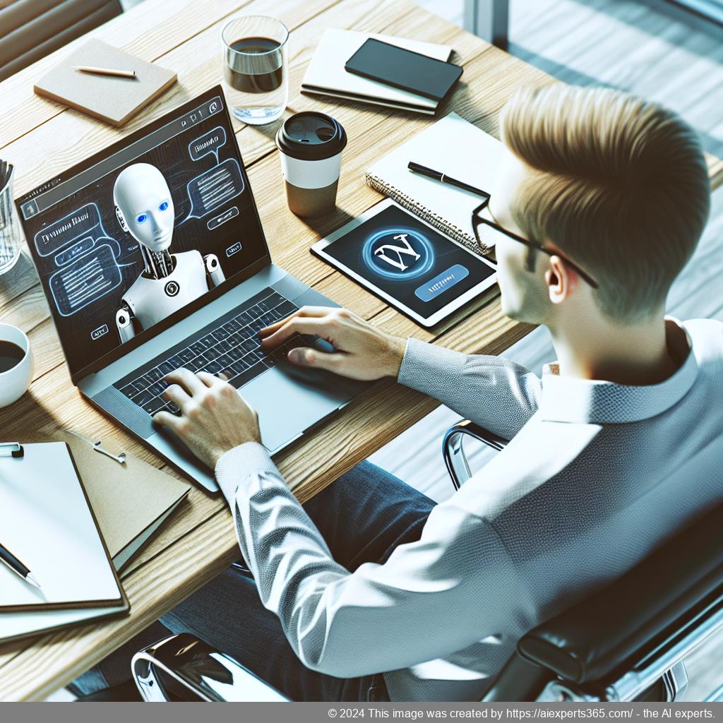 A professional setting showcasing a computer screen displaying a WordPress site with an active AI Chatbot interface assisting a user.