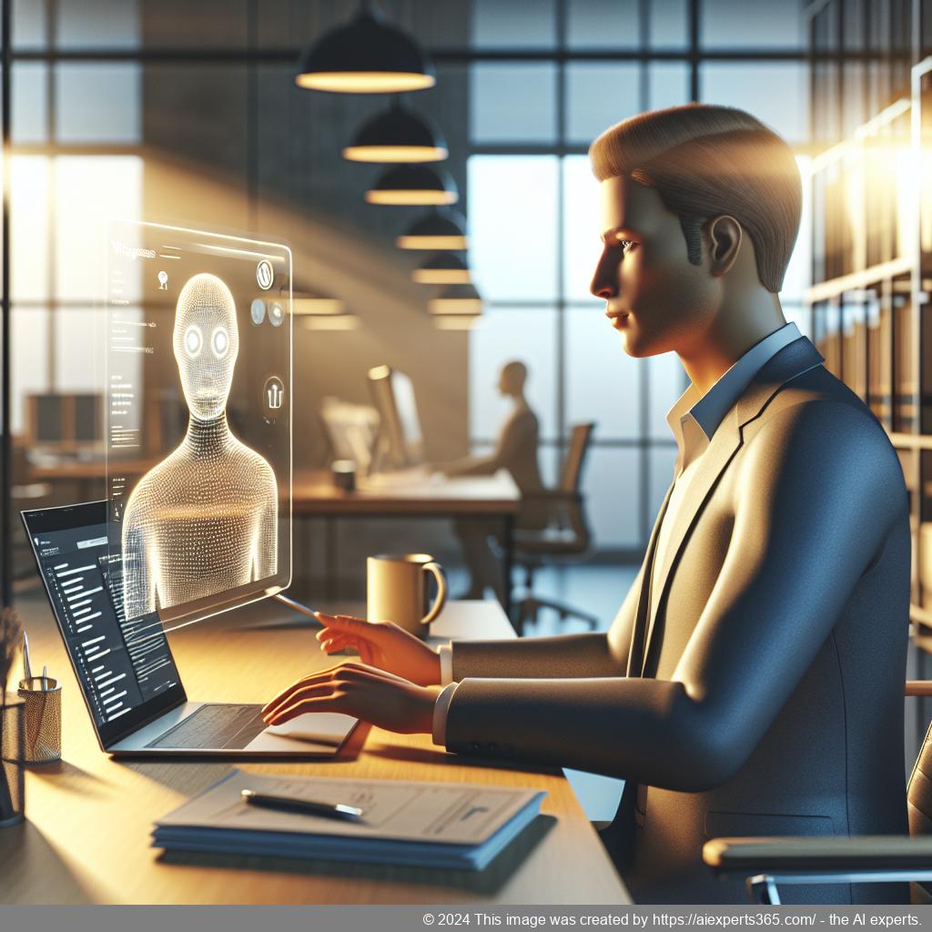 A professional setting showcasing a person interacting with a WordPress chatbot on a laptop screen.