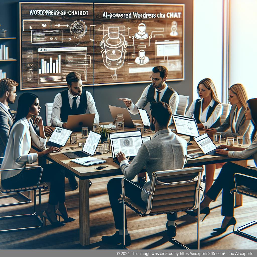 A professional setting showcasing a diverse group discussing strategies for integrating an AI-powered WordPress ChatGPT chatbot into their business operations.