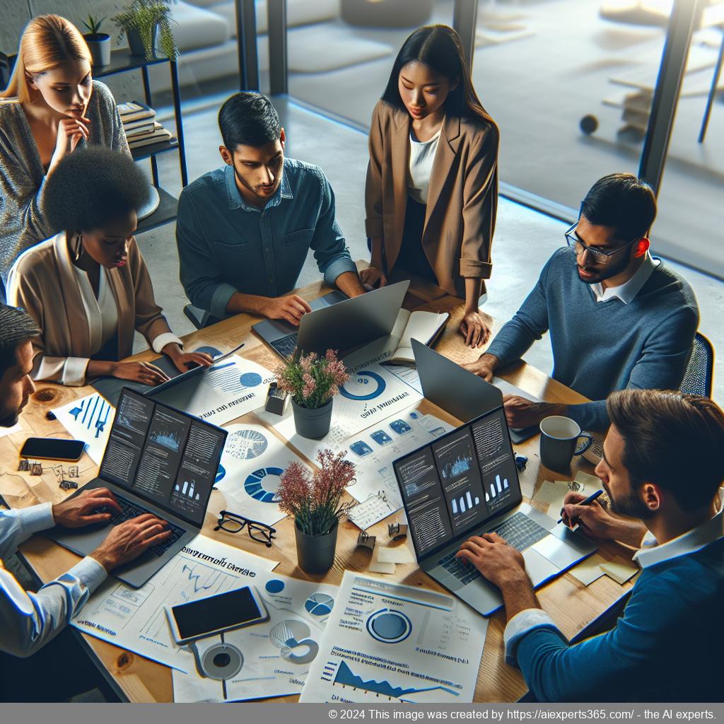 A professional setting showcasing a team discussing strategies around implementing a WordPress ChatGPT chatbot for improved customer engagement.