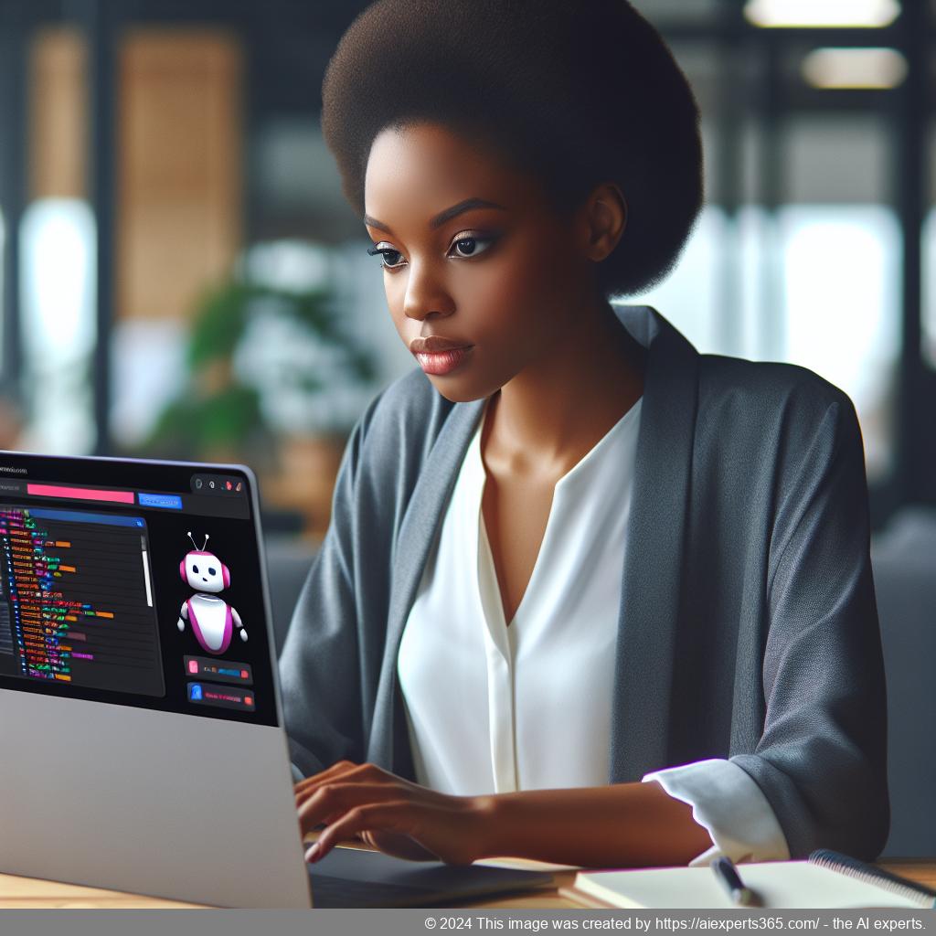 A professional showcasing Ailisha's AI-powered WordPress chatbot plugin on a laptop screen in an office setting.