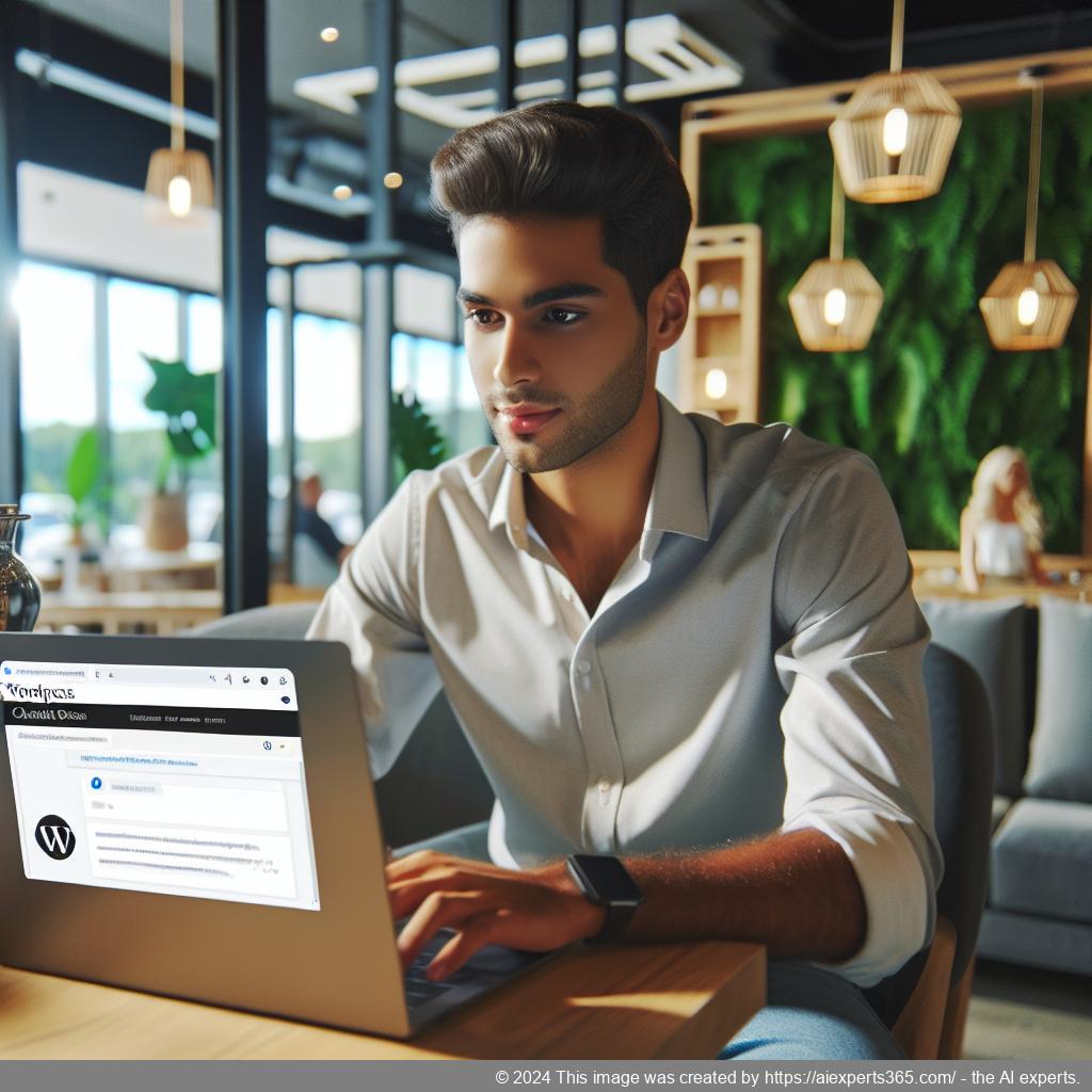 A professional setting showcasing a person interacting with a WordPress ChatGPT chatbot on a laptop screen, symbolizing enhanced customer engagement through AI technology.