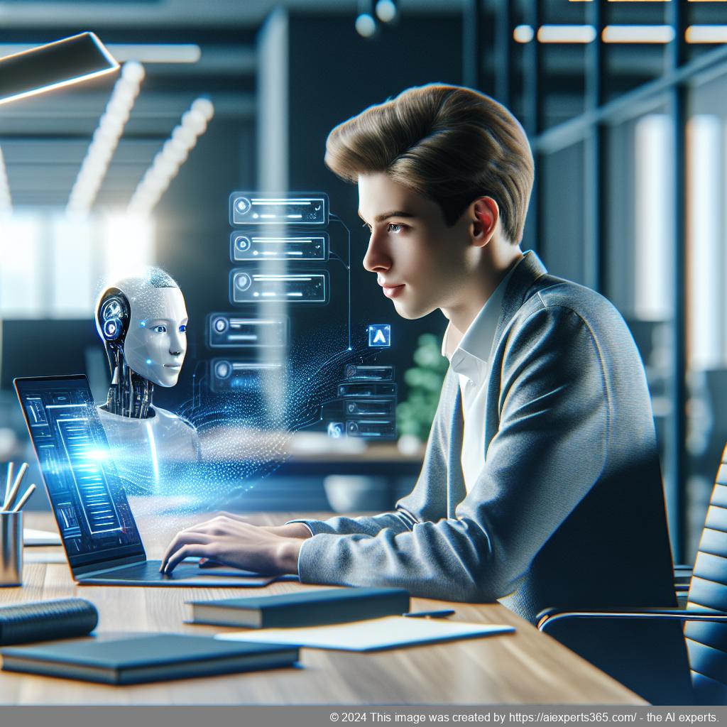 A professional setting showcasing a person interacting with a WordPress ChatGPT chatbot on their laptop, emphasizing enhanced customer engagement.