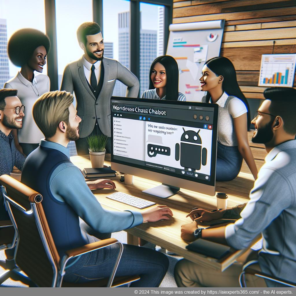 A professional setting showcasing a diverse team collaborating around a computer screen displaying a WordPress ChatGPT chatbot interface.