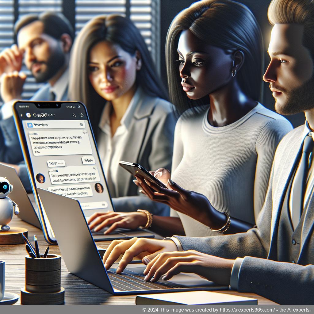 A professional setting showcasing a diverse group of people interacting with a WordPress ChatGPT chatbot on various devices.