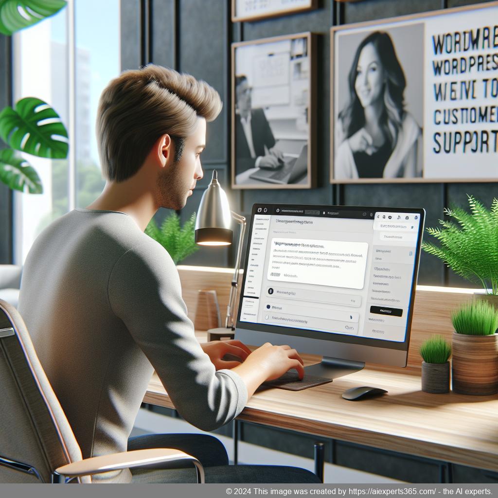 A professional setting showing a person interacting with a WordPress ChatGPT chatbot on their computer screen, symbolizing enhanced customer engagement.
