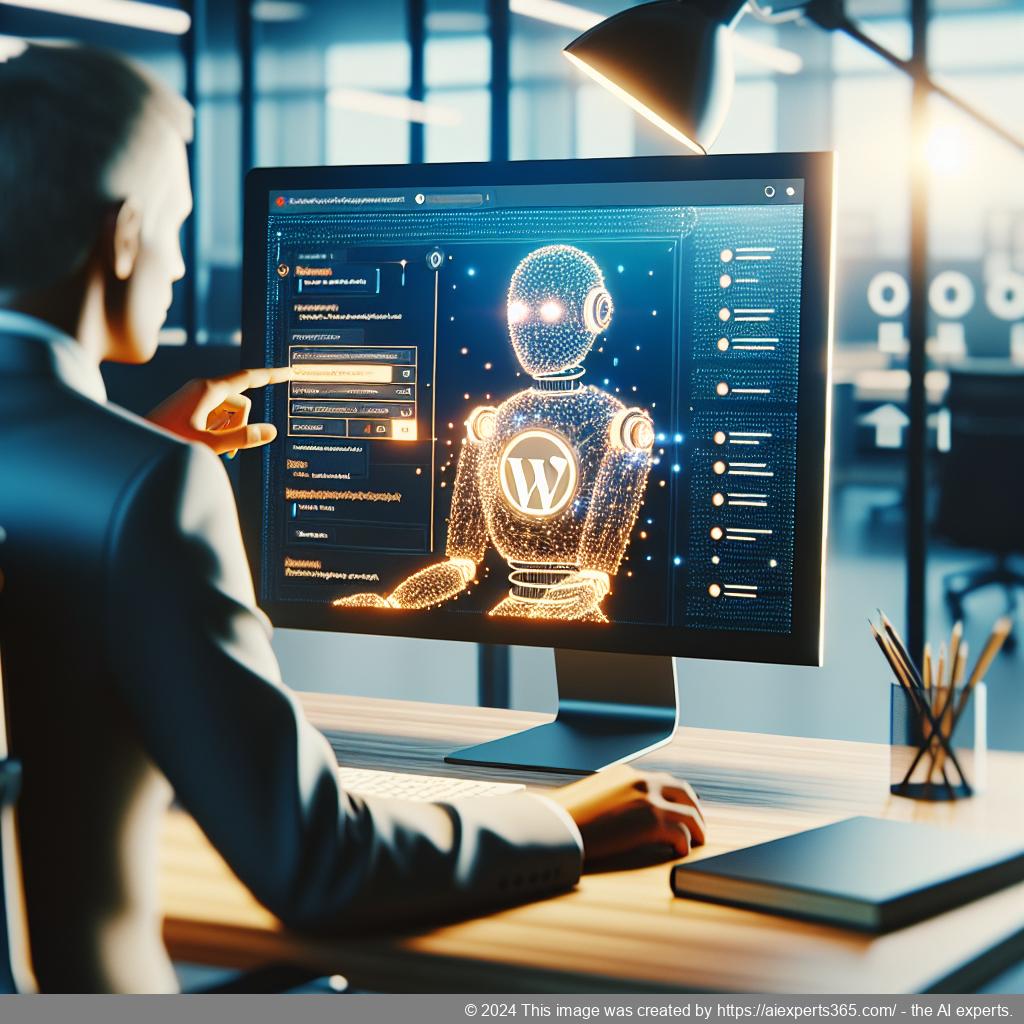 A professional setting showing a person interacting with a computer displaying a WordPress site featuring an AI-driven ChatGPT chatbot interface.