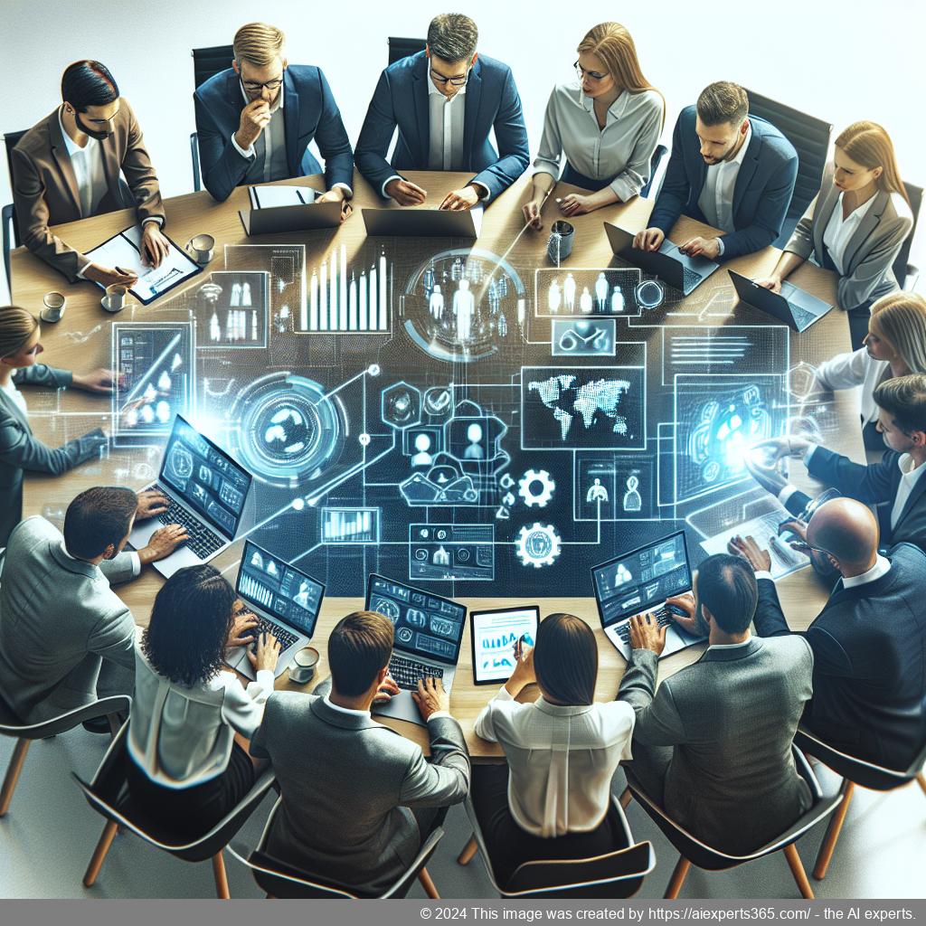 A visual representation of a diverse team collaborating over digital devices while discussing the implementation of a multi-department chatbot.