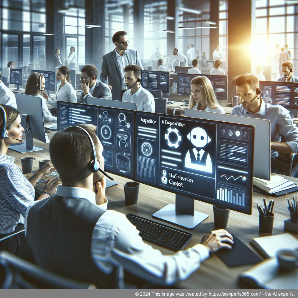 A professional setting showcasing a diverse team collaborating around digital devices while utilizing a multi-department chatbot for enhanced customer service.