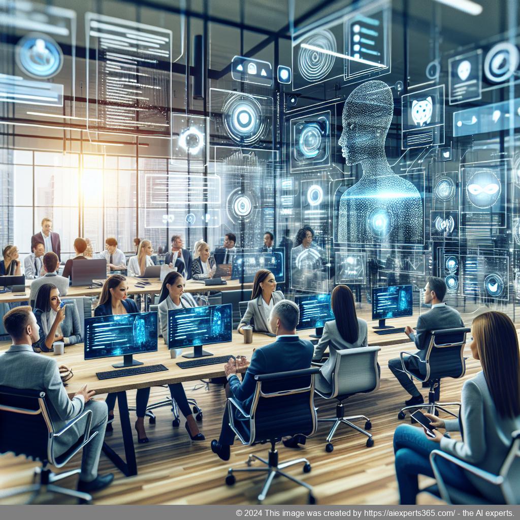 A professional setting showcasing a diverse team collaborating over digital tools, emphasizing the integration of technology like multi-department chatbots for enhanced customer service.