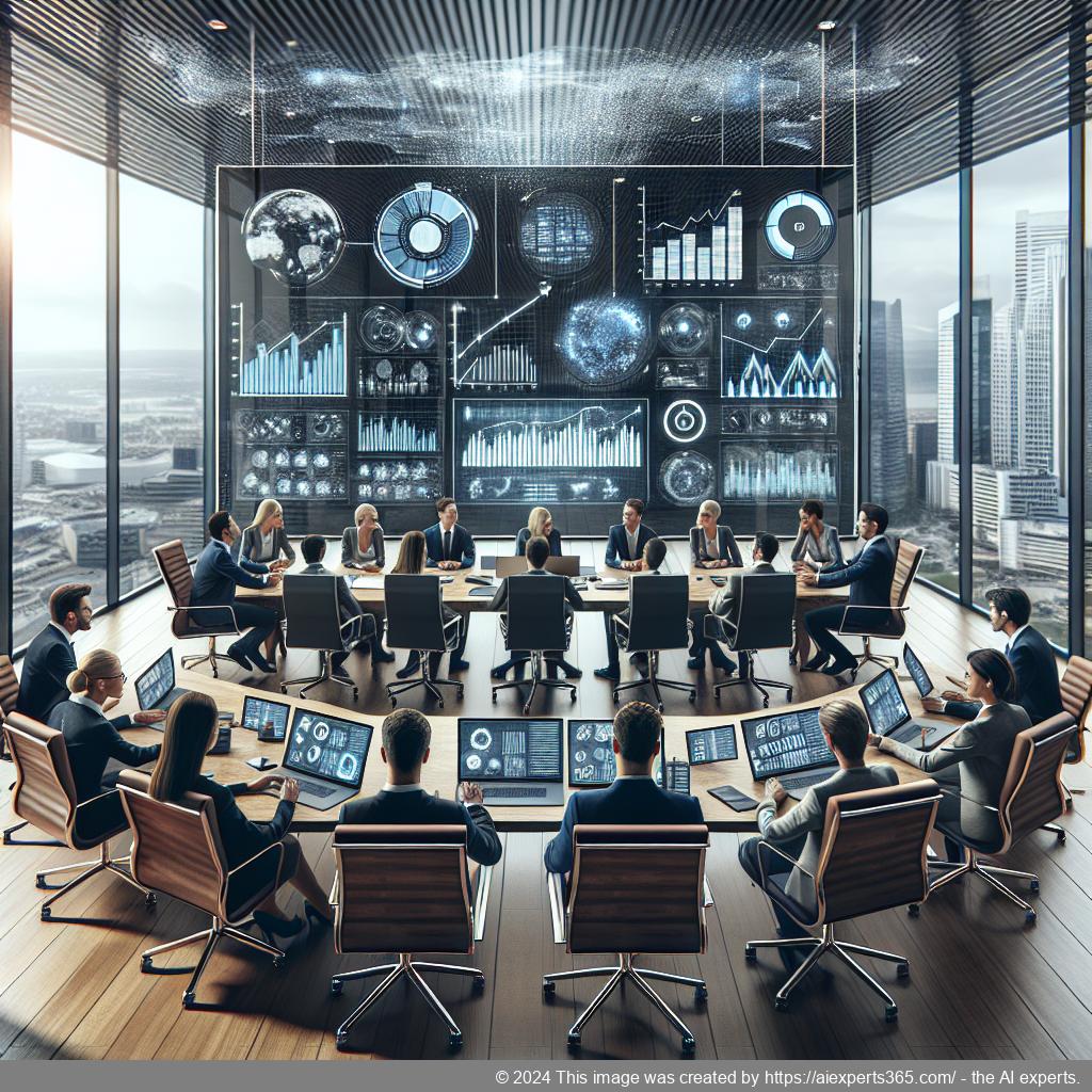 A professional team discussing strategies around a table with digital devices showcasing a multi-department chatbot interface.