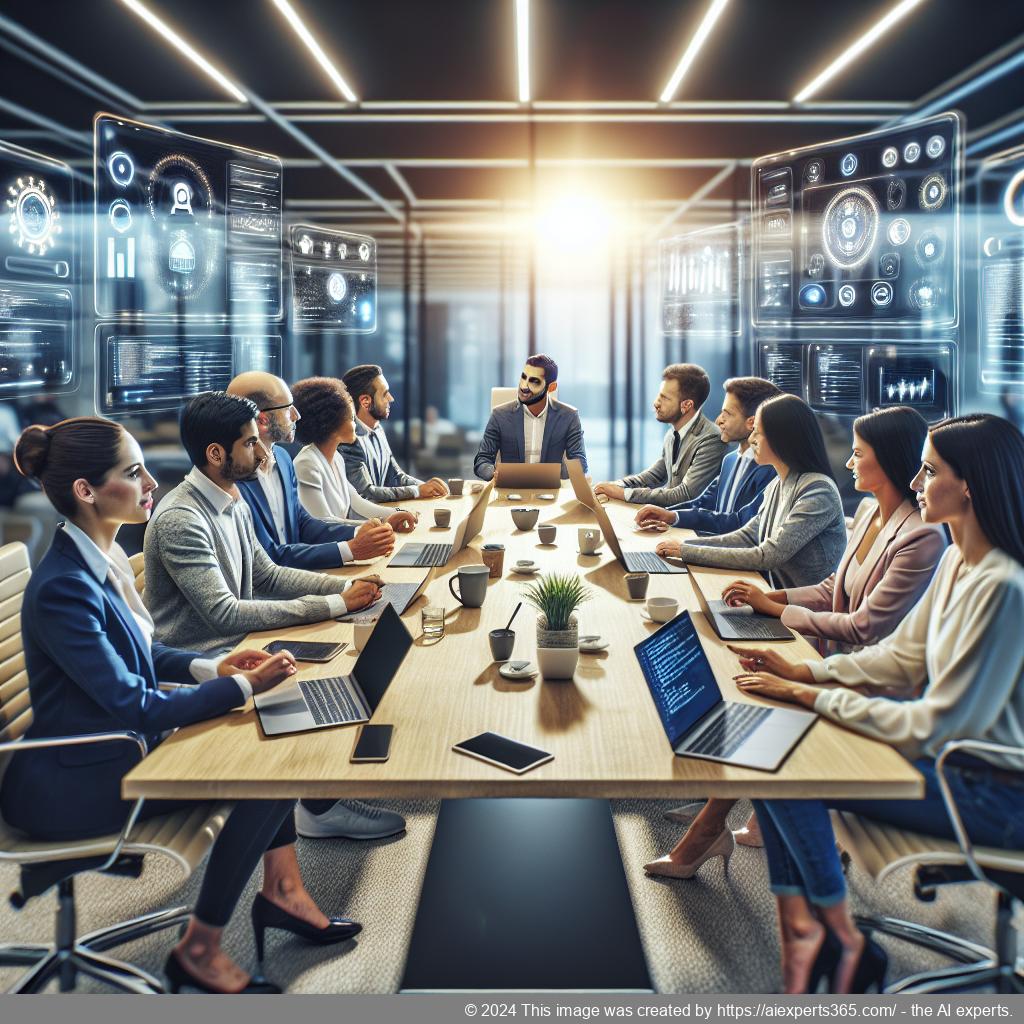 A professional team discussing strategies around a multi-department chatbot implementation for enhanced customer engagement.