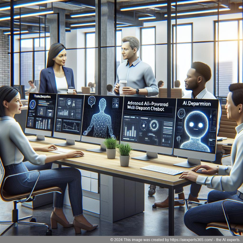 An illustration depicting an AI-powered multi-department chatbot assisting customers across various sectors like sales, support, and accounting.