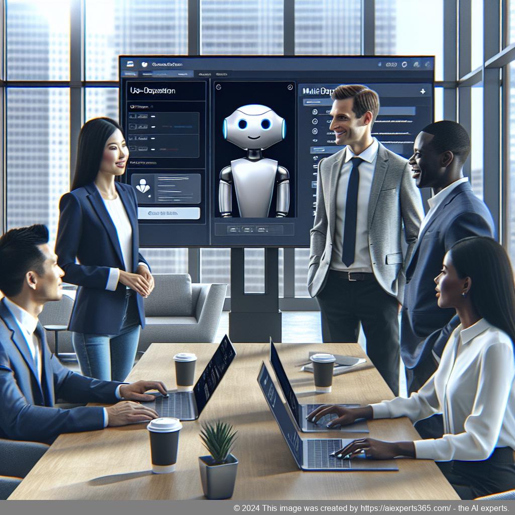 A professional team discussing strategies with a multi-department chatbot interface displayed on their devices.