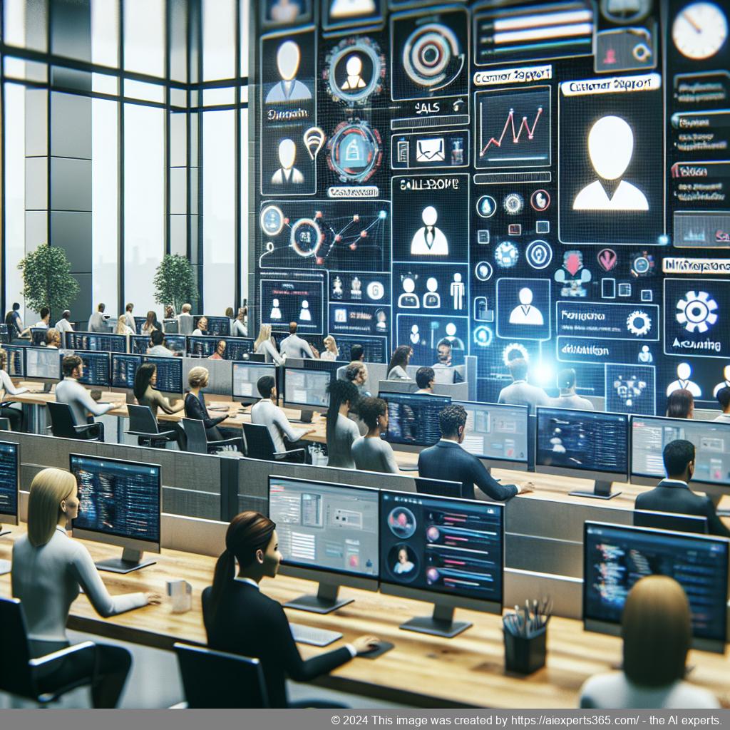 A visual representation showcasing a diverse team collaborating with a multi-department chatbot interface aimed at enhancing customer satisfaction.