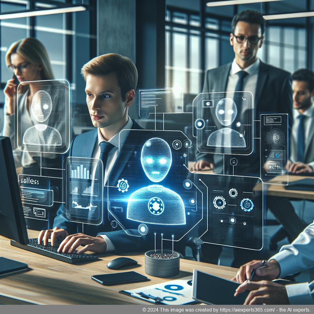 A visual representation of a multi-department chatbot assisting customers across various sectors like sales, support, and accounting.