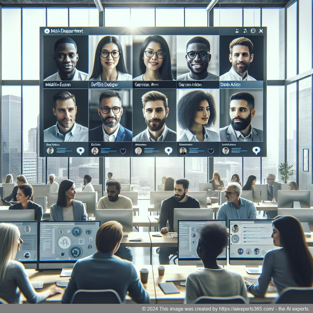 A visual representation of a modern office environment where employees are interacting with a multi-department chatbot system for enhanced communication.