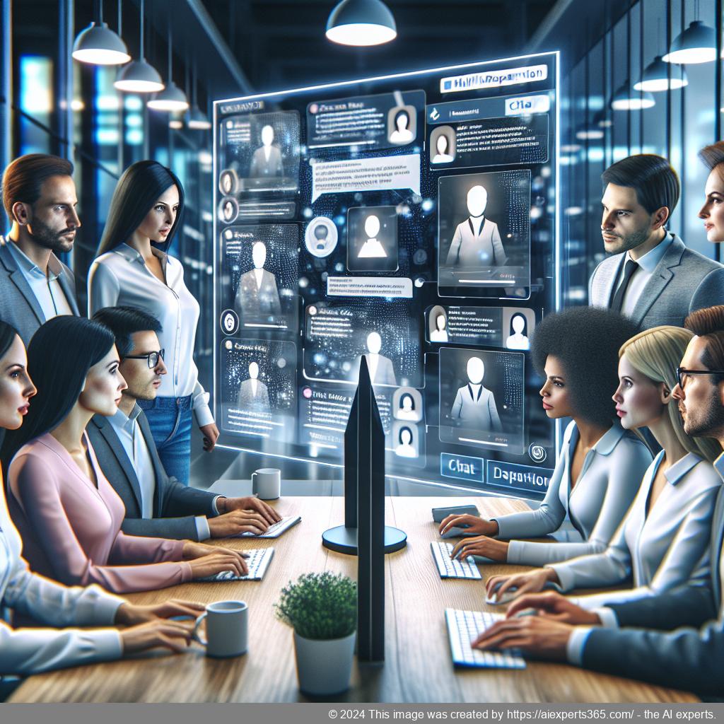 A visual representation of a diverse team collaborating around a computer screen displaying chat interactions from a multi-department chatbot.