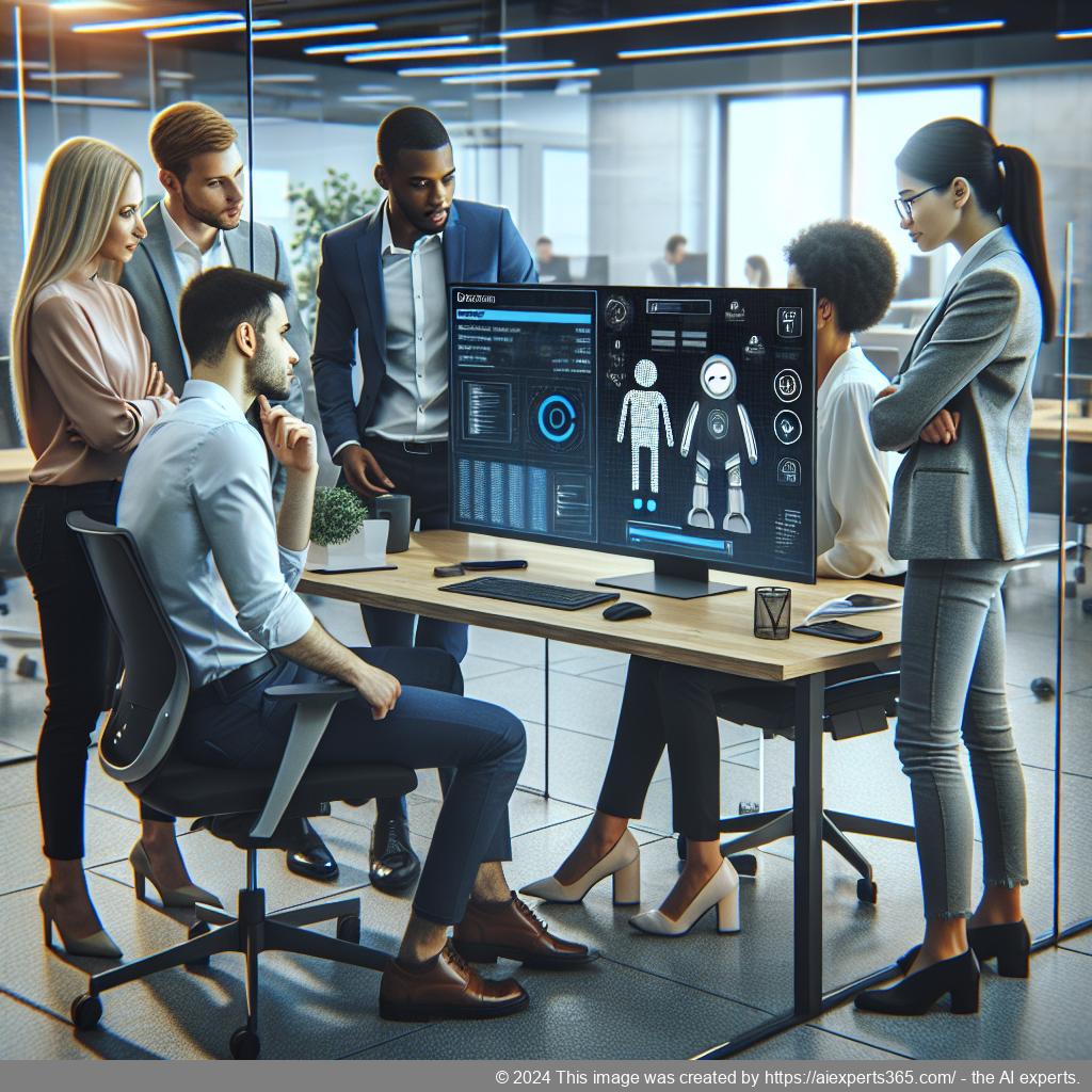 A professional setting showcasing diverse employees collaborating around a computer screen displaying a multi-department chatbot interface.