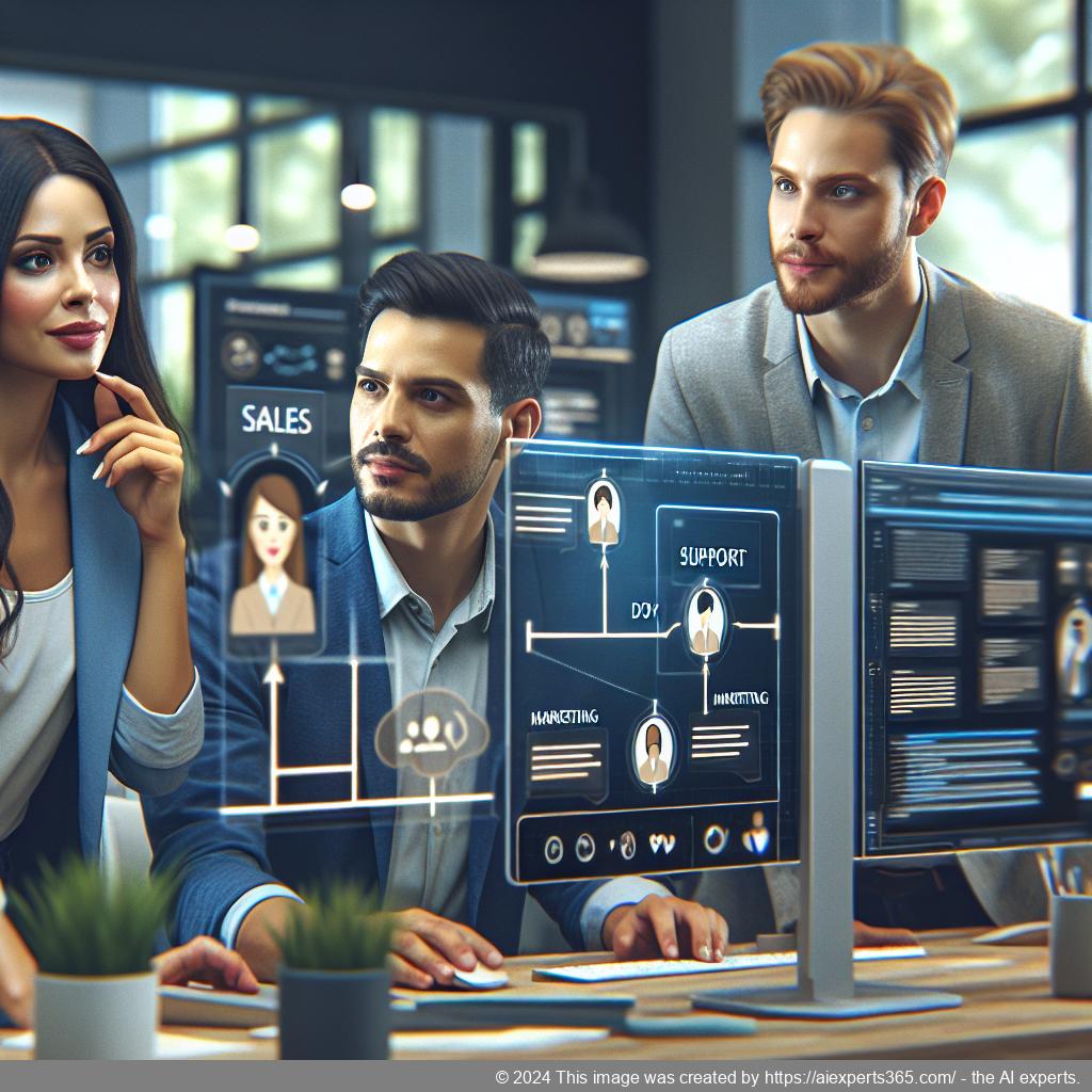 A professional setting showcasing diverse employees collaborating around a computer screen displaying a multi-department chatbot interface.