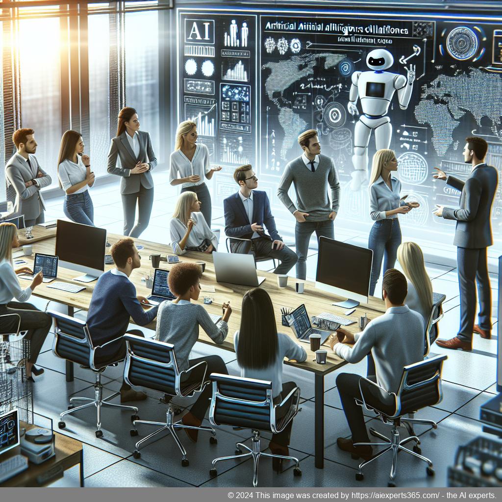 A professional setting showcasing a diverse team collaborating over technology solutions with an emphasis on utilizing an advanced WordPress AI Chatbot.