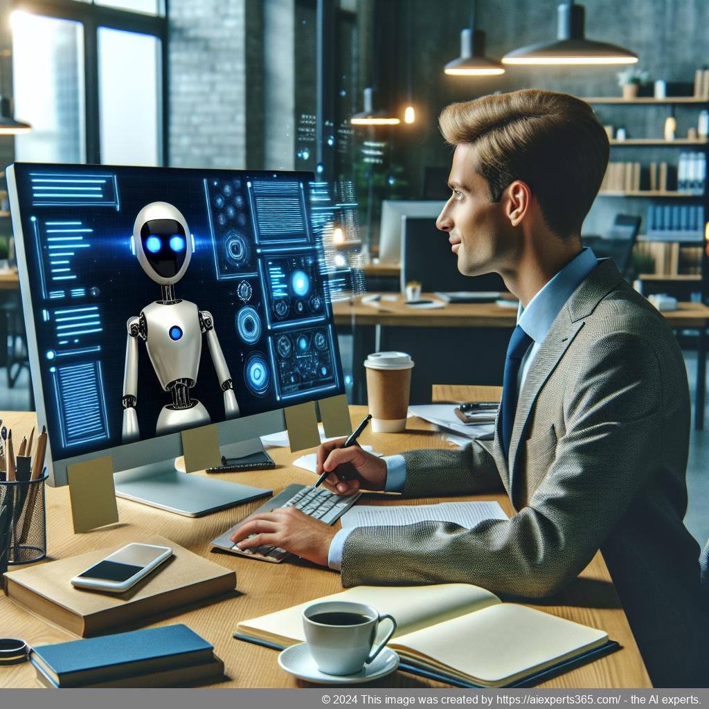A visually engaging representation of a professional looking person interacting with a computer screen displaying an AI Chatbot interface.