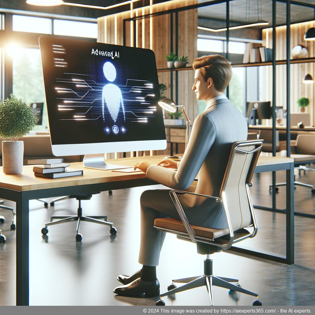 A professional setting showcasing a person interacting with an advanced WordPress AI Chatbot interface on a computer screen.