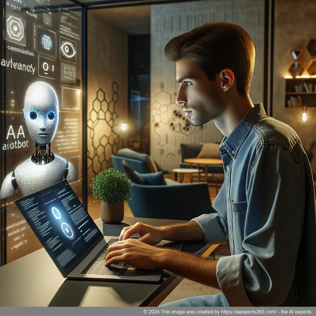 A professional setting showcasing a person interacting with an advanced AI chatbot interface on a laptop screen.