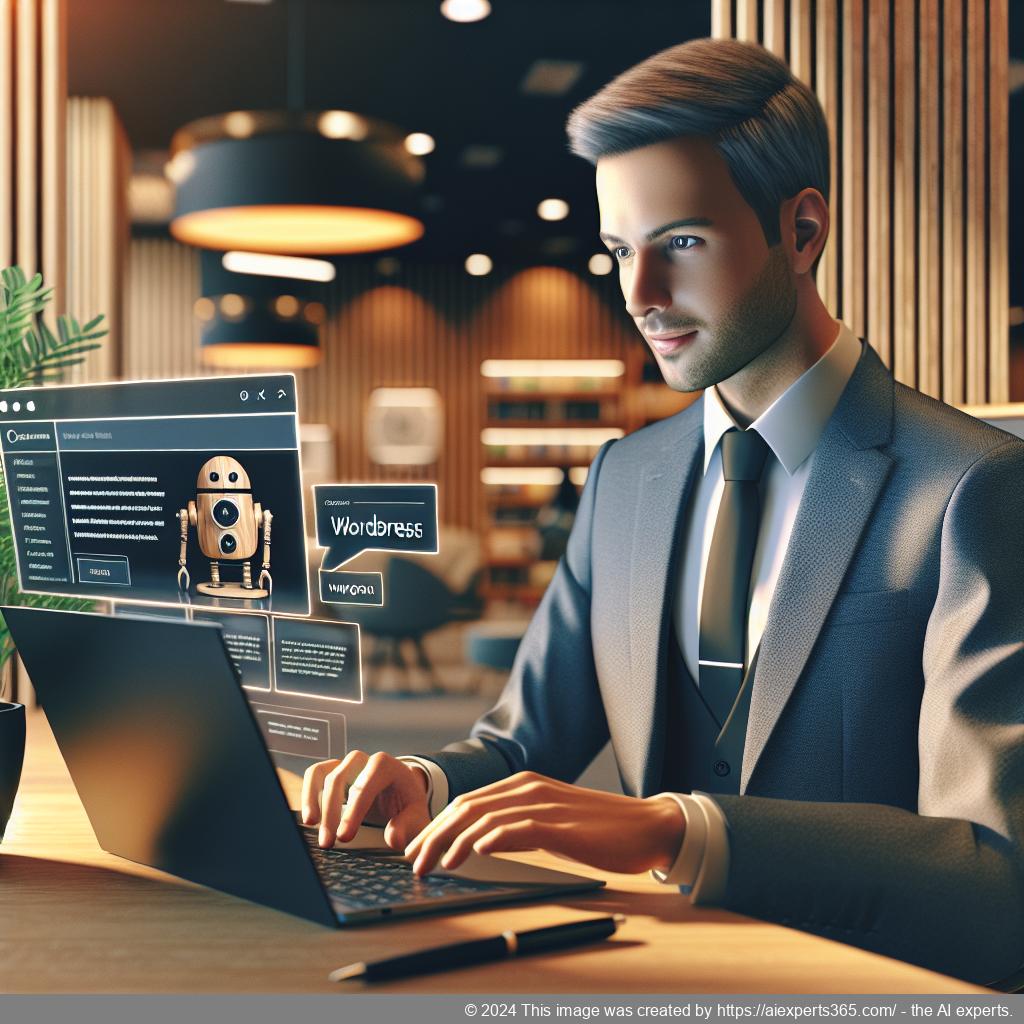 Illustration of a professional German businessperson interacting with an AI chatbot on a laptop screen showcasing WordPress functionalities.