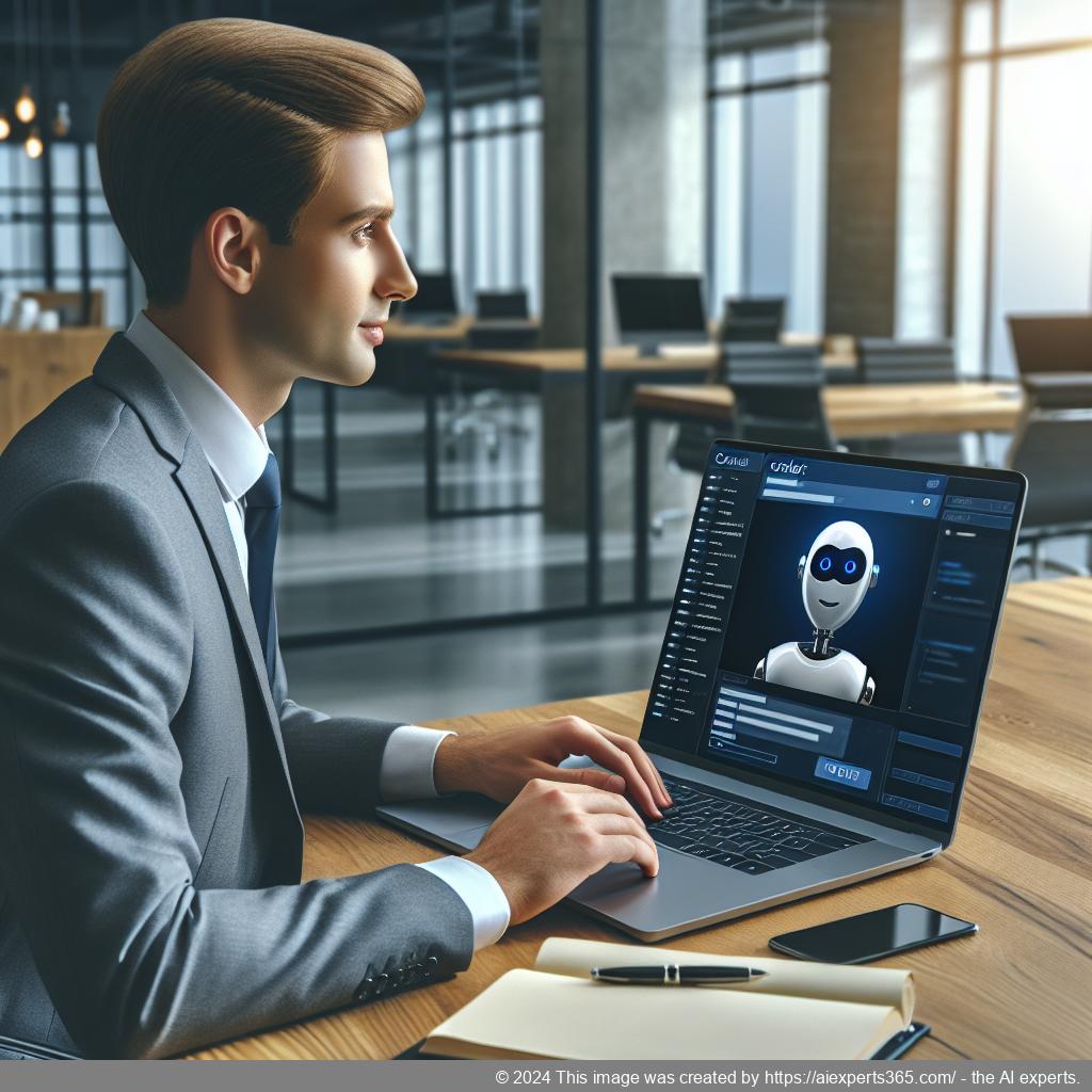 A visual representation of a professional using the WordPress ChatGPT chatbot plugin on a laptop while engaging with customers online.