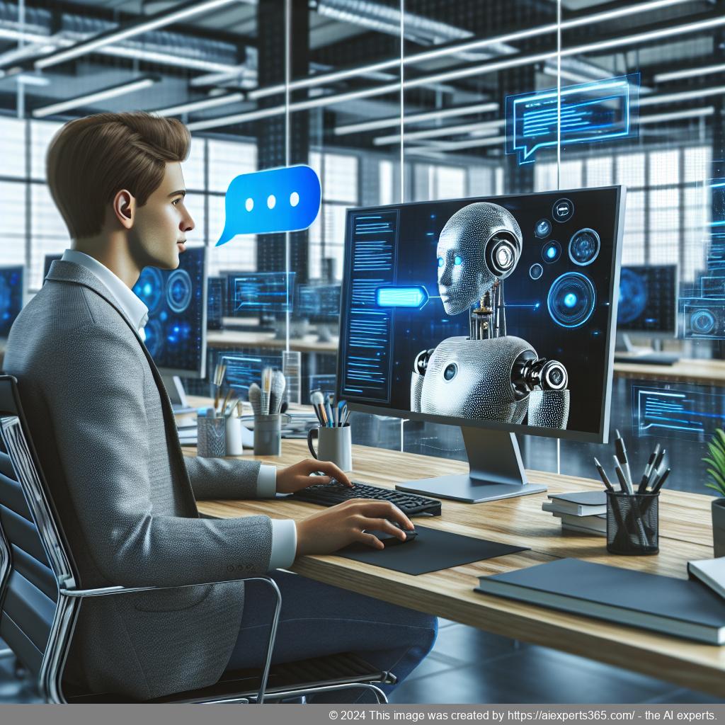 A professional setting showcasing a person interacting with a computer screen displaying the WordPress ChatGPT Chatbot interface for enhanced customer support.