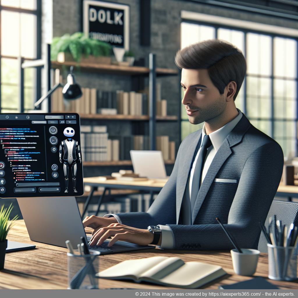 A professional-looking German or Western European individual interacting with a digital interface showcasing the WordPress ChatGPT Chatbot Plugin functionalities.