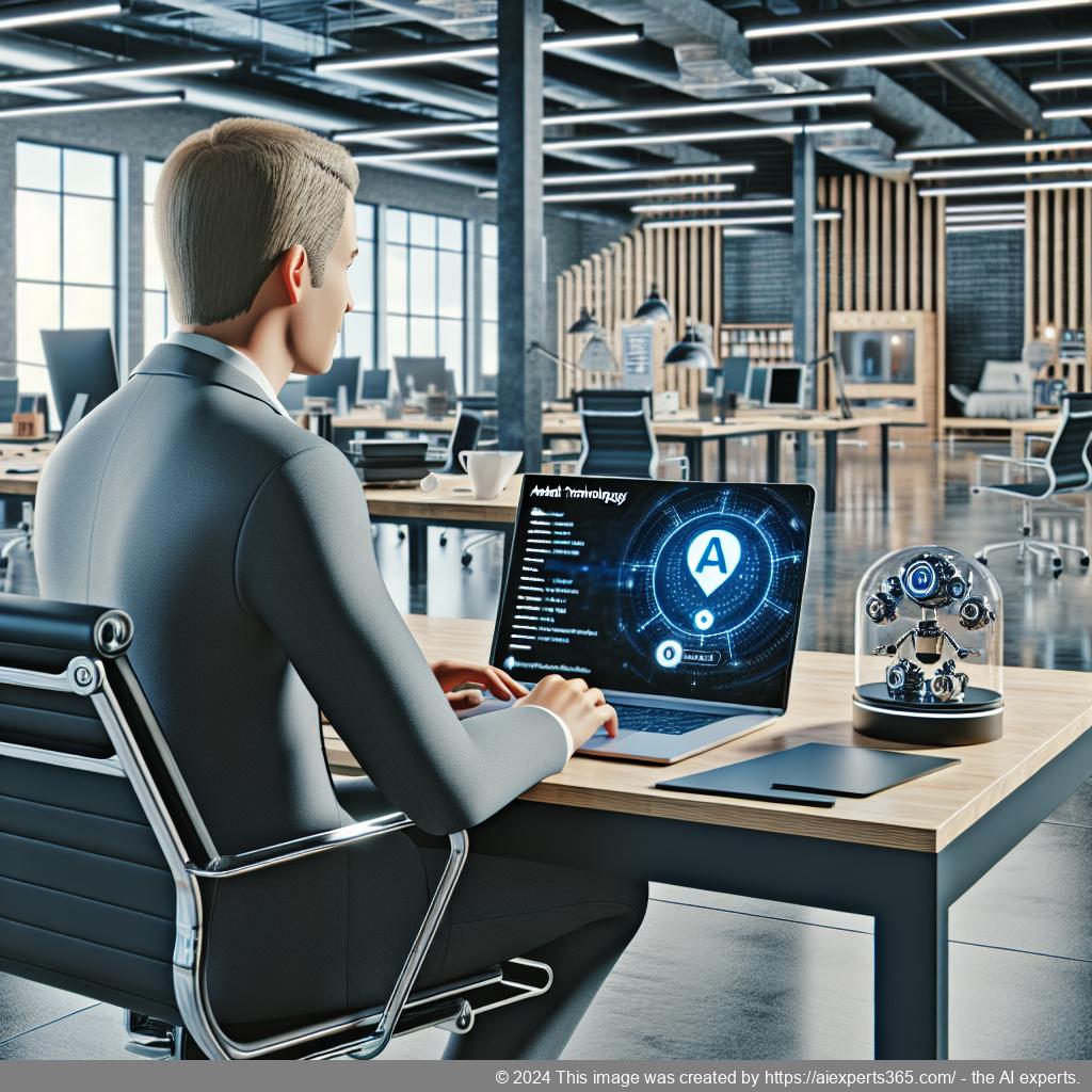 A visual representation of a professional setting where a German-speaking individual interacts with an AI-powered WordPress ChatGPT chatbot on their laptop.