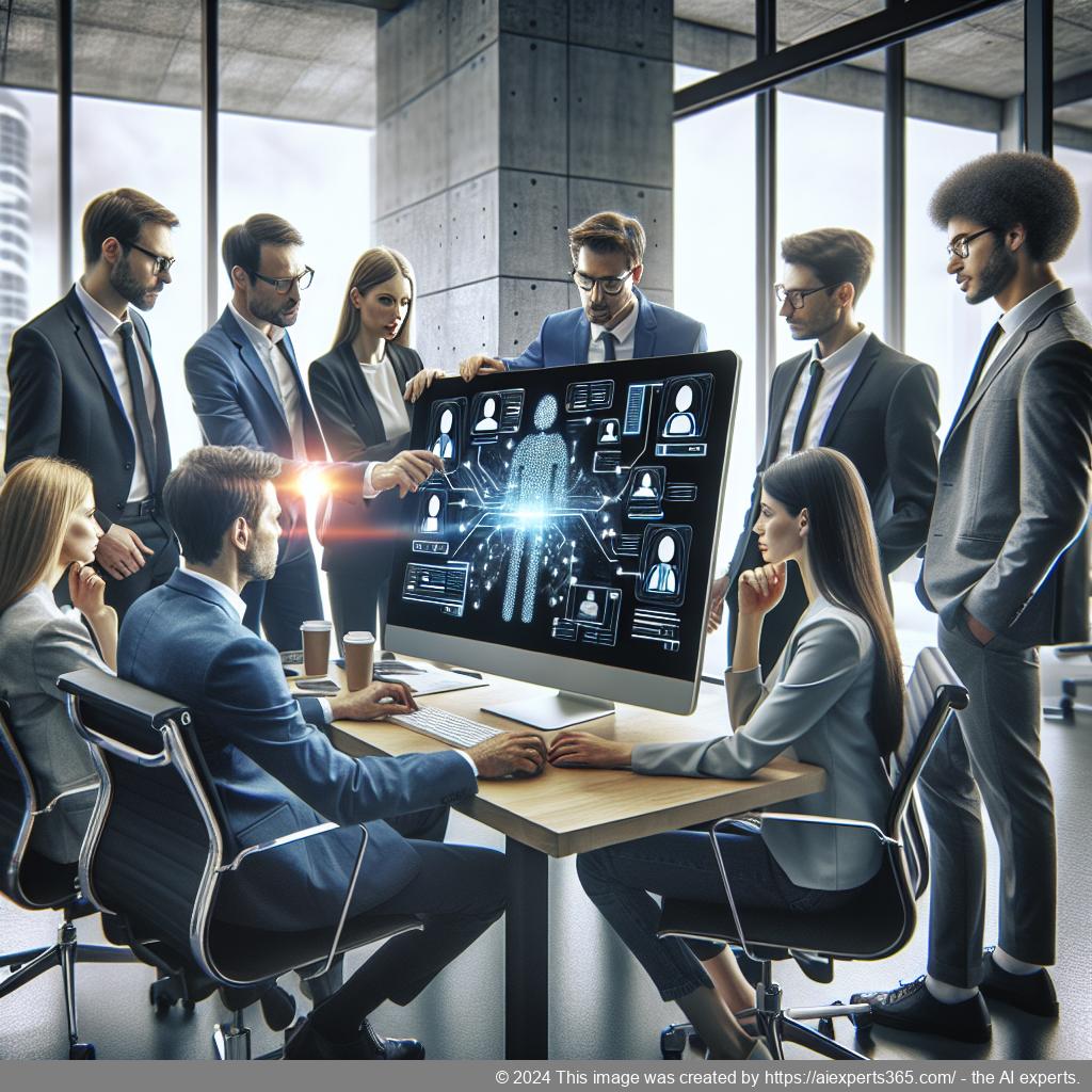 A diverse team discussing strategies around a computer screen featuring a multi-department chatbot interface.